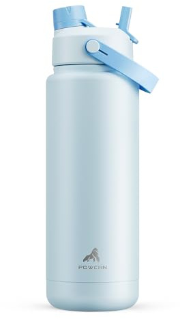 POWCAN Botella de agua aislada de 32 onzas con popote 2 en 1, mantiene el frío 24 horas, a prueba de fugas, sin BPA, botella de acero inoxidable de doble pared