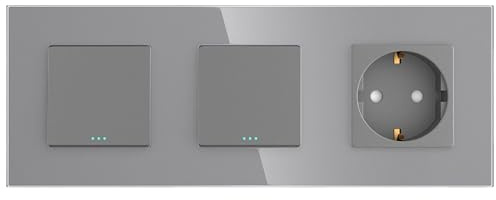 PULSAR Interruttore di commutazione doppio con presa a incasso, 3 scomparti, in vetro grigio, interruttore della luce da 4 mm, interruttore in vetro, interruttore alternatore x 2 prese combinate