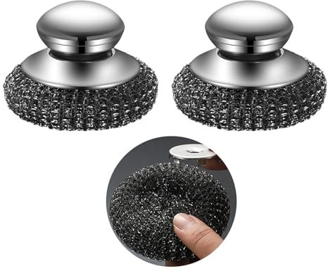 2 Pieces Steel Wool Scrubber Metal Dish Scrubber with Handle Stainless Steel Wire Scourer Sponge Portable Cleaning Brush Scourer for Kitchen Cast Iron Pots Pans Dish Stock Pots Griddles Sink Pan Grill