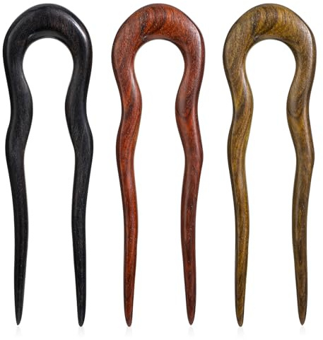 3 Pack Wooden Hair Sticks for Women, U Shaped Hair Fork, French U Shaped Hairpin with Two Prongs Hair Clips, U Shape Hair Forks for Long Hair, Frosted French Hair Pin, Vintage Matte Hair Pins