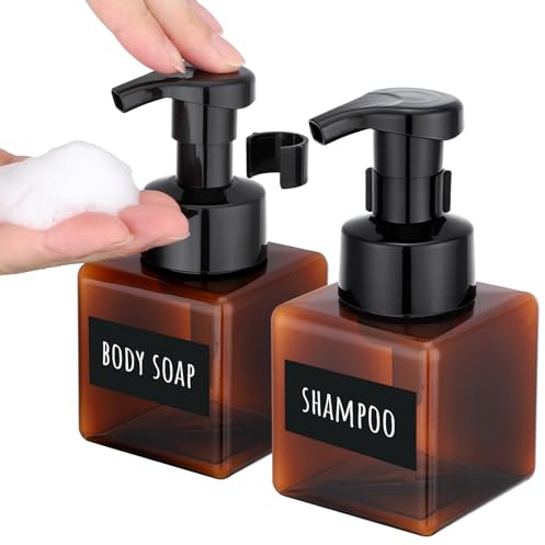 Segbeauty Dispenser Schiuma, 2 Pezzi 250ml Dispenser Bagnoschiuma Doccia, con Etichetta e Pompa in Schiuma, in Plastica, Dosatore Sapone per Cucina (Marrone)