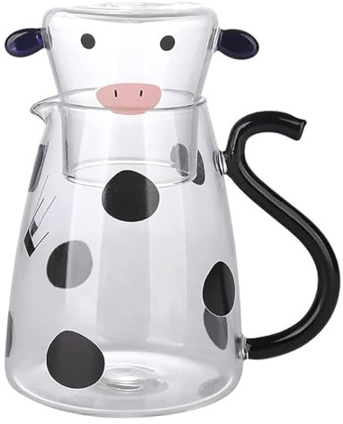 Cow Glass Water Pitcher – Cute Animal Carafe, Tea Jug With Mug | Retro Milk Container With Lid, Bedside Kettle Cup Set, Aesthetic Glass Jug For Nighttime Drinks, Water Serving, And Daily Drinkware