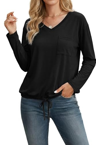 Enmain Maglia Donna Manica Lunga Raffinata Blusa Casual Chic con Coulisse Regolabile e Taschino Maglietta T-Shirt Basic Senza Stiro per Ufficio e Tempo Libero Nero 3XL