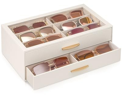 Lolalet Organizador Gafas de Sol para Mujer, Estuche de PU con Tapa Transparente y 2 Niveles, Capacidad para 12 Gafas -Cream