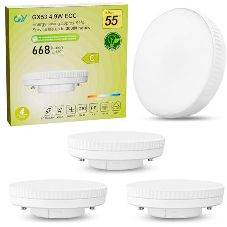 GY Lampadine LED GX53, 4.9W (equivalenti a 55W), 4000K Luce Bianca Naturale, 668 Lumen, Angolo Fascio 100°, Lampadina Disco Alta Luminosità per Cucina e Corridoio, Confezione da 4 Pezzi