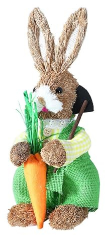 tuwiwol Figurita de Conejito de Paja Realista para decoración Pascua, Adorno Conejo Tejido a Mano, decoración Central, Conejo Pascua y Tela