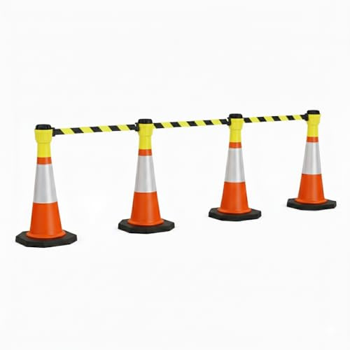 Premium 750mm Traffic Cone & 10m Retractable Barrier Kit - Heavy Duty Safety Cones with 10 Meter Belt - Chapter 8 Compliant Hazard Barrier Pack (Yellow/Black Barrier, 4 Pack)