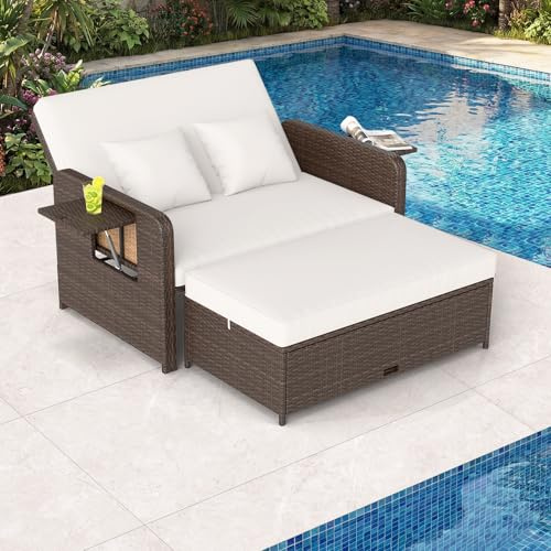 COSTWAY 4 en 1 Tumbona de Ratán para Patio, Sofa Exterior de Ratán con Respaldo Ajustable y Mesas Auxiliares Plegables, Conjunto de Sofá de 2 Piezas y Otomana con Almacenamiento (Marrón+Beige)