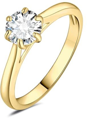 JewelryPalace 0.5ct klassisk 14K gult guldpläterad solitärring för kvinnor med Moissanite, simulerad diamant gyllene ringar med rund sten, enkel förlovningsring 19,5