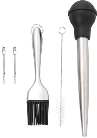 RORPOIR 4pezzi Pennelli per Barbecue in Acciaio Inox con Pompetta per Arrosti e Tubo per Condimenti in Silicone Alimentare Nero Kit per Marinatura Tacchino Carne e Pesce con Spazzola