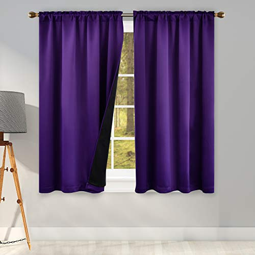 KEQIAOSUOCAI 45 Inch Length 100 Pct Blackout Curtains for Bedroom - 2 Thick Layers Completely Blackout Thermal Insulated Black Lined Drapes for Living Room(Purple 42 Inches Wide 2 Panel)