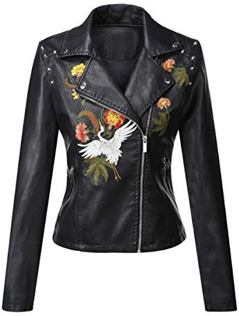 E-girl Damen Schwarz Kunstleder Motorrad Jacke Lederjacke Niet Stickerei Revers Kurz Mantel,P30086,L