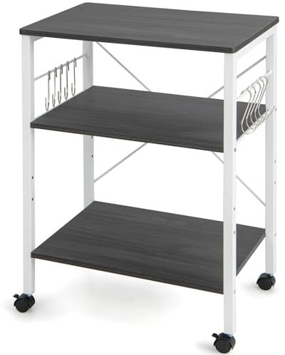 GiantexUK Kitchen Baker's Rack, 3 Tier Serving Cart Microwave Stand with Lockable Wheels & 5/10 Hooks, Rolling Storage Trolley for Home Office Living Room(Brown, 2 Adjustable Shelves)