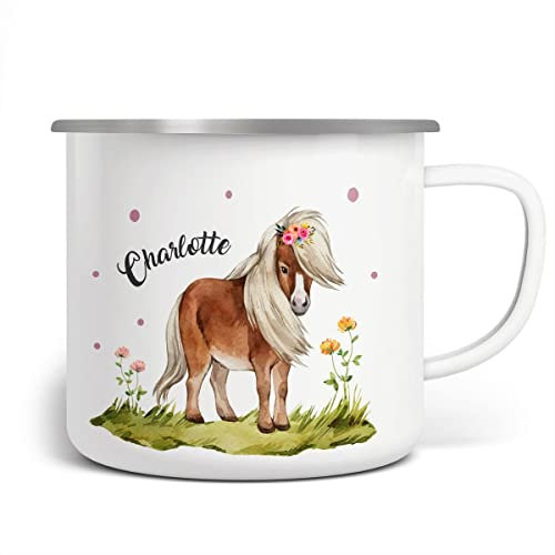miKalino Emaille Tasse Mädchen - Trinkbecher Kinder personalisiert - Emaille Becher mit Pferde/Pony-Motiv - Kindertasse mit Namen - Kindertasse bedruckt - Emaille Becher Weiß