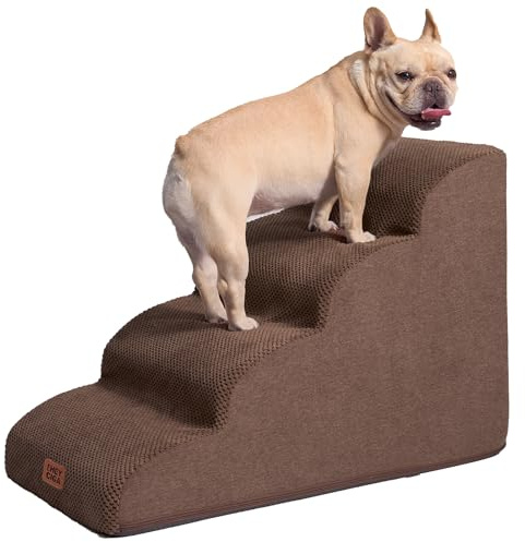 EHEYCIGA Curved Dog Steps for Bed and Sofa 50cm H, 4-Step, Brown | High Density Sturdy Foam, Non-Slip Bottom and Surface, Removable Machine Washable Cover, For Small Dogs and Cats