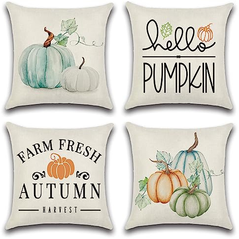 Artscope Kuddfodral med hösttema, kuddfodral med tema, dekorativt kuddfodral med pumpor, kuddfodral, soffkudde, höstkudde för soffa, bil, sovrum, 40 x 40 cm, 4 stycken