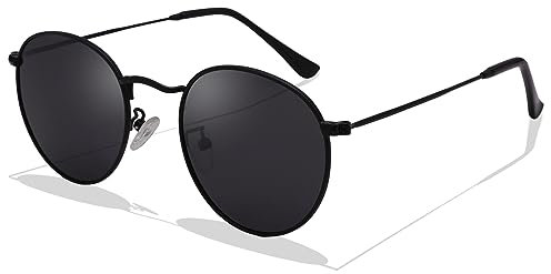 LOJUDI Retro Sonnenbrille Herren Rund Damen Polarisiert Runde GläSer UV400 Schutz Vintage Unisex Brille - Schwarz Rahmen/Grau Linse