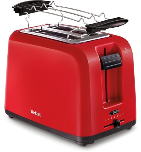 TEFAL TT1A2510 Toaster | Doppelschlitz | mit 7 Bräunungsstufen | inkl. Brötchenaufsatz | Krümelschublade | 800W | Hebefunktion | Funktionstaste für Stopp -Taste, Auftauen und Erwärmen | rot
