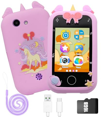 3T6B Smartphone per bambini, fotocamera per bambini, touchscreen da 2,8, lettore MP3 con doppia fotocamera, giochi, sveglia narrazione, giocattolo regalo unicorno per dai 3 4 5 6 7 8 anni con scheda