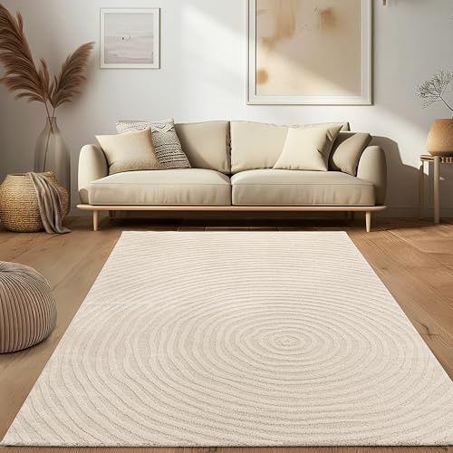 Paco Home Tappeto da soggiorno moderno a pelo corto stile scandinavo Japandi Panglao Monocolore Effetto alto-basso Motivo astratto Effetto 3D Vello morbido Crema, Dimensione:80x150 cm
