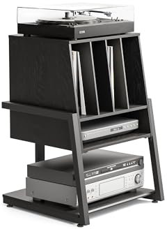 FITUEYES Design Plattenspieler Tisch aus Holz Metall HiFi Rack für Plattenspieler 120 Platten Kompaktanlage Plattenspieler Regal für Wohnzimmer Musikzimmer