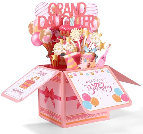 Gosknor Happy Birthday Pop Up Card for Granddaughter, Colorful Balloons & Fireworks 3D Birthday Card with Envelope Creative Gift for Grand-Daughter from Grandparents