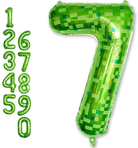 40 Inch Green Pixel Number 7 Balloon for Kids 7th Birthday Decorations, Large Dark Kelly Lime Green Self Inflating Foil Seven Balloon Number for Boys Birthday Video Game Patrick's Day Party Supplies