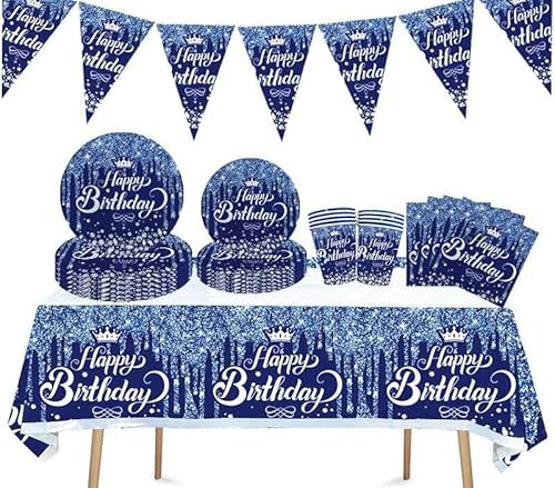 SANYUANHE 61 Pezzi Stoviglie per Feste di Compleanno Blu, Decorazioni per il Compleanno, Set Decorazioni per Compleanno di Bambina e Bambino,Piatti, Tazze, Tovaglioli, Tovaglie