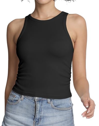 Lemef linnen för kvinnor ribbad väst topp hög rund hals bas magtröja ärmlös träning yoga tonåring sommar outfit, Svart, L