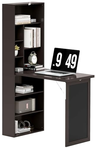 HOMCOM Scrivania con Libreria e Lavagna, Scrivania Salvaspazio con Piano Pieghevole in Legno di Pino, Tavolo da Lavoro con Ripiani Regolabili, per Cameretta, Studio, Ufficio, 98x51x153 cm, Marrone