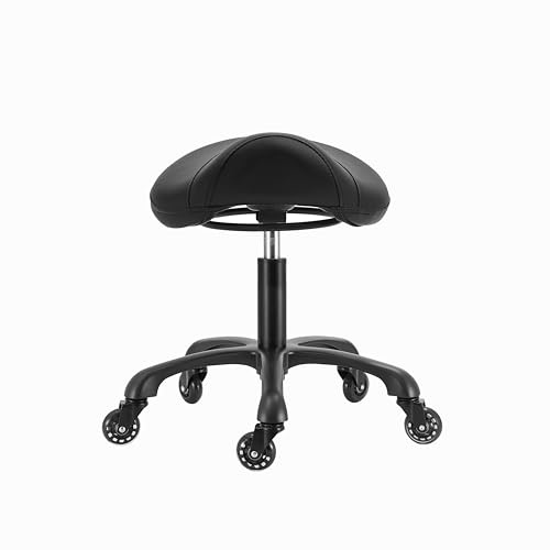 Coczeb Saddle Salon Stool with Wheels,Heavy Duty Adjustable Rolling Drafting Chair for Barber, Tattoo, Nail,Spa,Dentist(Black)
