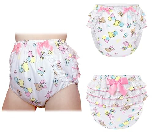 LittleForBig Silky Washable Reusable Waterproof Ruffled Lace Bow Baby Cuties Pattern Ruffle Adult Diaper Cover Pink XL