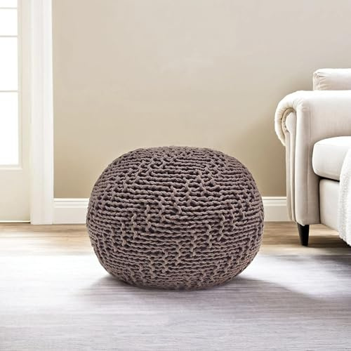 roomfitters Hazel Knitted Cotton Pouf 20x20 Round Floor Ottoman Footrest, Light Brown