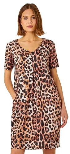 Roman Originals Animal Print Dress with Pockets for Women UK Ladies Leopard Print Tunic Shift Jersey Stretchy Slouch Smart Loose Cocoon Oversized Fit Casual V Neck Pull On - Brown - Size 10