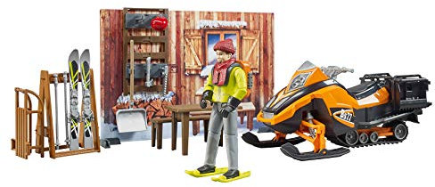 bruder 63102 - Bworld Berghütte mit Snowmobil & Figur - 1:16 Schneemobil Skifahrer Winter Spielzeug Themenset