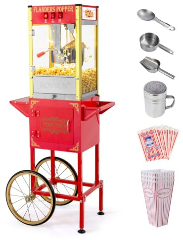 ROVSUN Popcorn Machine with Cart & 8 Oz Kettle Makes Up to 32 Cups ETL Certified, Vintage Popcorn Maker with Stainless Steel Scoop, Oil Spoon & 3 Popcorn Cups for Commercial Home Movie Theater, Red