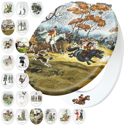 Fun Novelty Toilet Seat Soft Close,Top & Bottom Fixing, Printed On 3 Surfaces With Thelwell Equestrian Art. Traditional Country Lifestyle Fox & Hound, Horse Riding Home Gift Idea For Friends & Family.
