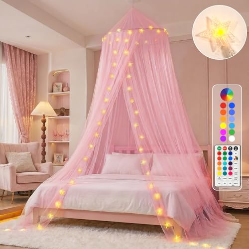 Obrecis Pink Bed Canopy for Girls, Bedroom Decor Princess Canopy Bed Curtain with Lights, 100 LED Star Fairy String Lights Hanging Dome Bed Tent with Remote for Twin to King Size Bed