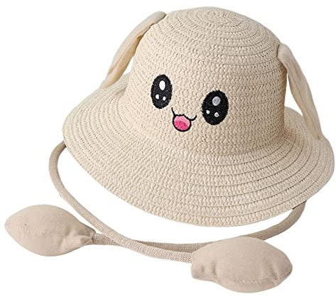 Amagogo Häschen-Strohhut-Kappen, Sonnenhut, faltbar, mit beweglichen Ohren, Strandhüte, tragbar, Fischerkappen, großer Traufhut für Frühling, kurze, Beige