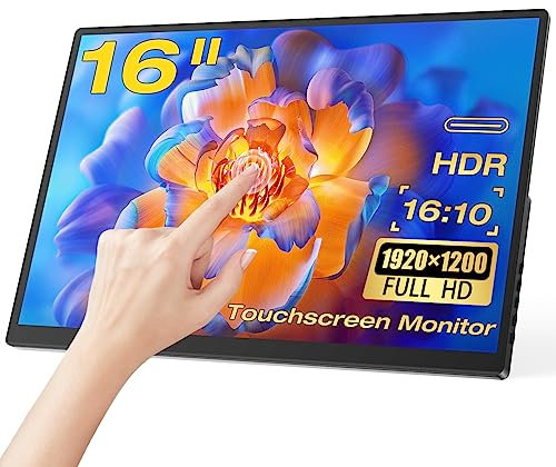 ZFTVNIE 16 inch Touchscreen Monitor, Full HD 1920x1200P Frameless PC Monitor with HDMI/USB-C/Built-in Speakers & Stand for Phones/Laptops/PC/PS4/5/Switch