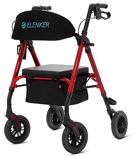 ELENKER All-Terrain Rollator Walker with 8” Non-Pneumatic Wheels, Sponge Padded Seat and Backrest, Fully Adjustment Frame for Seniors,Red