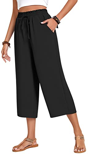 Anyhold Womens Capri Pants Loose High Waisted Wide Leg Lounge Pants Drawstring Casual Palazzo Trousers with Pockets X-Large, Black