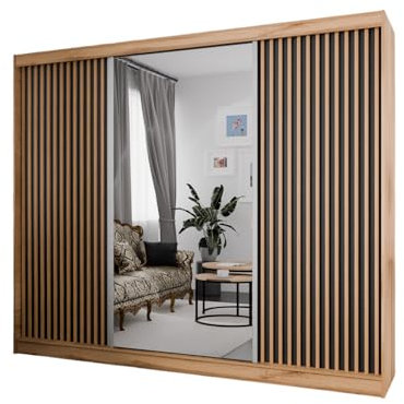 Margaret Hadas24 Kleiderschrank Lili mit Lamellen mit Spiegel Organizer, Mehrzweckschrank, Schwebetürenschrank, Garderobenschrank, Kleiderstange, Kleiderständer, Schrank 250 cm, braun, schwarz,