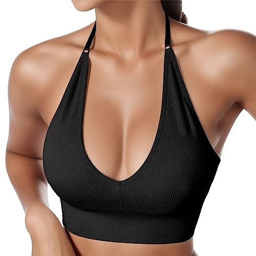 Damen Neckholder Sport BH Rückenfrei Tiefer V Ausschinitt Sport Bustier Gepolstert Sexy Gym Push Up Bra Backless Verstellbare Träger (Schwarz, M)