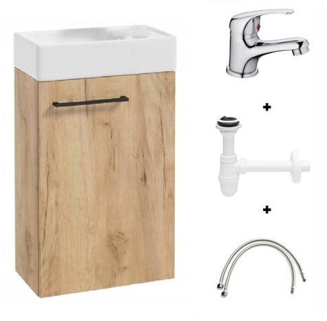 .Deftrans Badezimmerschrank mit Keramik-Waschbeckenset, 40 x 60 x 21,3 cm, Wandschrank für kleines Badezimmer, Hängeschrank mit Waschbecken
