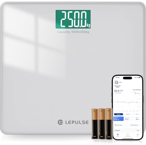 Digital Bathroom Scales for Body Weight Scale 250kg Extra-High Capacity, Lepulse Smart Weighing Scales Body Weight BMI with Extra-Large Platform, Weight Machine with APP, 8mm Tempered Glass, Step-on