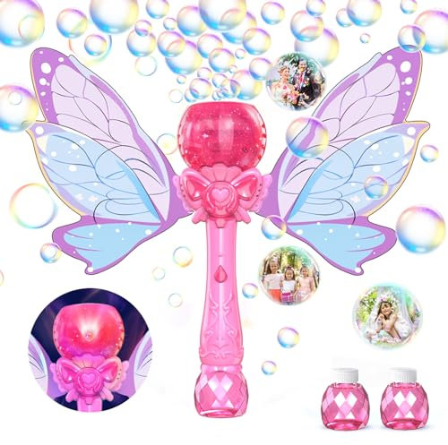 PANACARE Schmetterling Seifenblasenstab, elektronische Seifenblasenmaschine für Kinder 5000+Blasen/Min mit 2 Seifenblasenlösung/LED, Seifenblasenspielzeug Outdoor Geschenk für MädchenJunge 345678Jahre