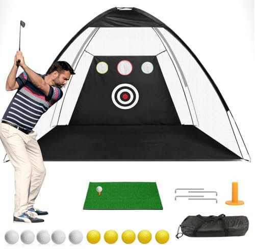 Golf Practice Net, JARAGAR 10 X 7 Ft Golf Training Net with Hitting Mat and Carry Bag for Backyard Driving, Golf Foldable Net for Kids Adult Indoor Outdoor Swing Chipping Training Equipment