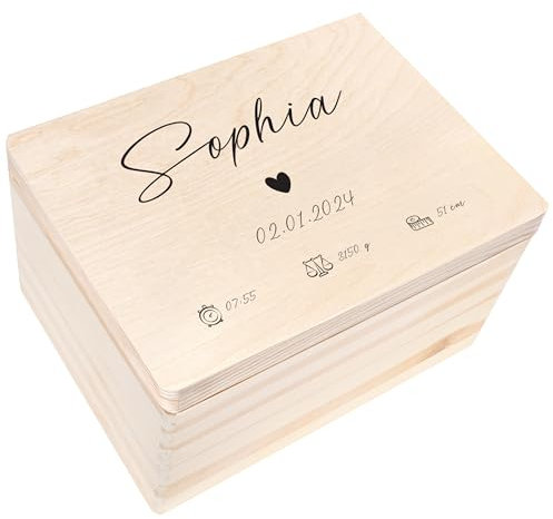 Creative Deco Erinnerungsbox Baby Personalisiert Herz mit Namen | 40 x 30 x 24 cm | Individuelle Erinnerungskiste Geschenk zur Geburt für Mädchen und Jungen | Holzkiste mit Deckel | Farbdruck