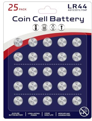 JUNINXIU 25 Stück AG13 Batterie LR44 Batterien — [Hohe Kapazität] Premium Alkaline 1,5 Volt L1154F A76 303 357 Knopfzelle Batterie für Spielzeug & Elektronische Geräte